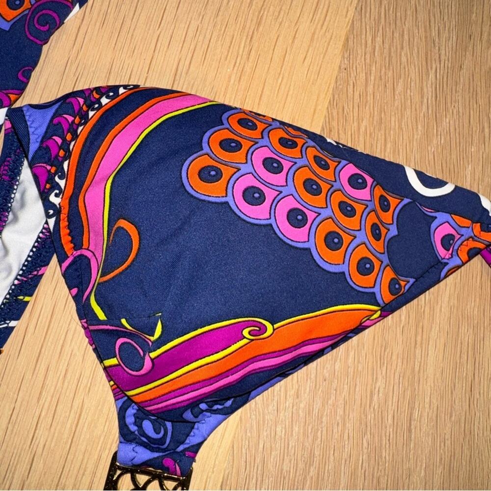 Trina Turk Triangle Blue Bikini Top with Gold Medallion 6 - Picture 6 of 8